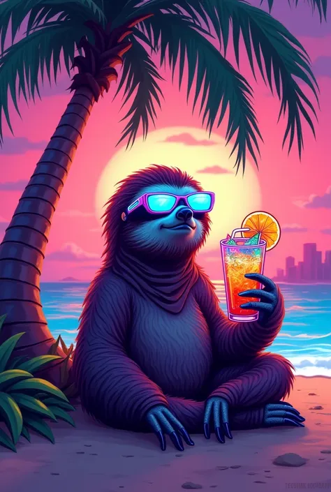 A futuristic sloth character named CyberLaze in a tropical summer theme for July, called 'Cyber Tropics.' CyberLaze is relaxing under a neon-lit palm tree on a glowing beach. The sloth is wearing futuristic sunglasses and holding a high-tech tropical drink...