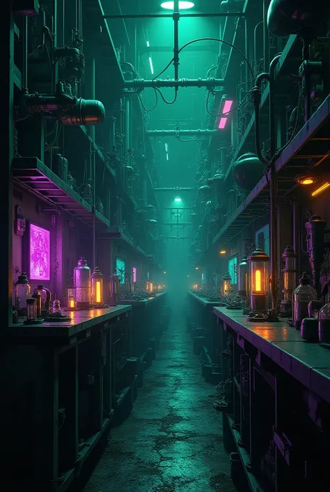 Lab green and black with purple with test tubes, Technological wiring psychedelic dark environment 