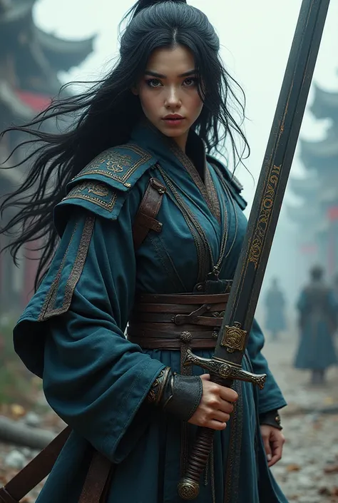 Woman with black hair, blue eyes, pretty white skin, with a sword, a war-dressed type uniform, a sword with a dragon seal and a full body black mask. 