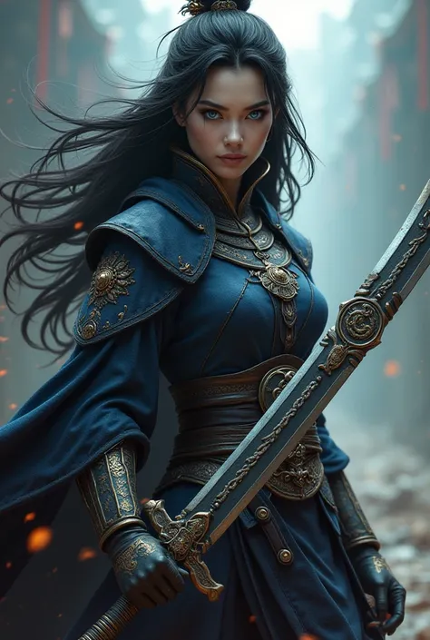 Woman with black hair, blue eyes, pretty white skin, with a sword, a war-dressed type uniform, a sword with a dragon seal and a full body black mask. 