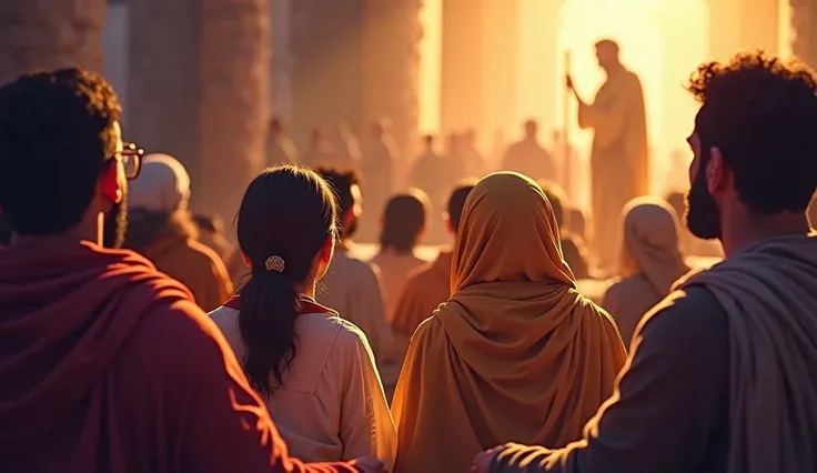 Imagine a realistic HD digital illustration with vibrant detail: a community gathered together, listening to a leader share biblical stories of faith and integrity. The soft light illuminates attentive faces, reflecting enthusiasm and hope. In the backgrou...