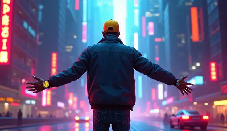 jacket wearing guy walking in the middle of the street, wearing yewllow cap and golden watch, showing his back with open arm hands. scifi neon style theme