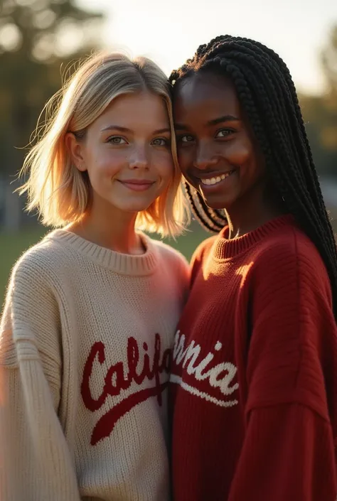 Create two High school seniors butefol girls for me, one girl with fair skin, short massy blonde hair, blue eyes, and freckles and With a mischievous smile in vary large sweater with California written on it, and the other girl with dark skin, green eyes, ...