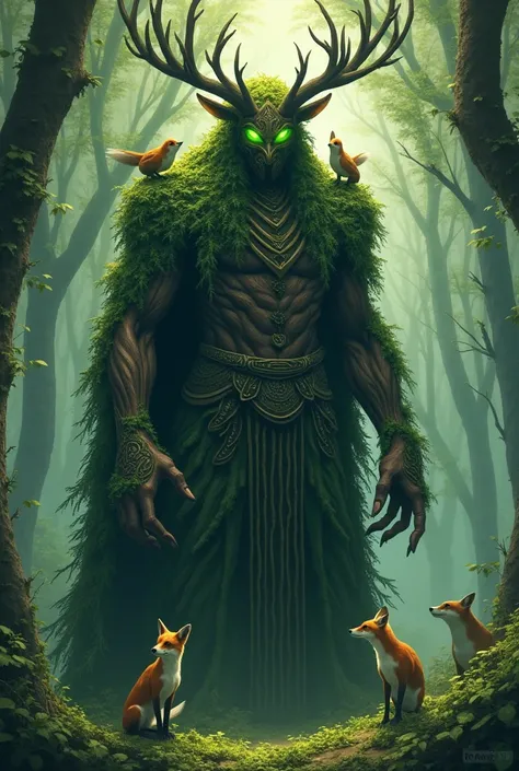  Arvenn appears as an imposing figure shrouded in a living cloak of moss., vines and bark .  Its face is obscured by a mask made of antlers and wood ,  with bright green eyes that pierce the shadows of the forest canopy .  Its limbs are elongated and branc...