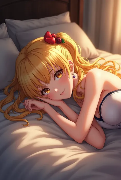 navia from genshin impact on a bed looking up at the viewer. her curly blonde hair is sprawled across the pillow