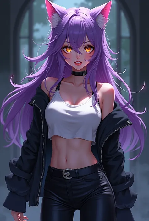 A werewolf girl anime,  fair skin ,  purple hair,  golden eyes,  black and white clothes , black and white pants.
