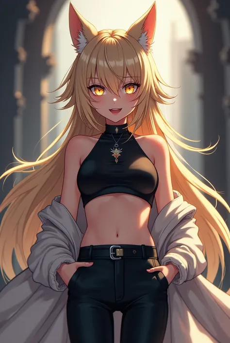 A werewolf girl anime,  fair skin ,  Blonde hair,  golden eyes,  black and white clothes , black and white pants.
