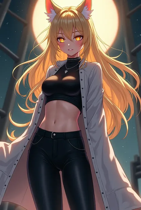 A werewolf girl anime,  fair skin ,  Blonde hair,  golden eyes,  black and white clothes , black and white pants.
