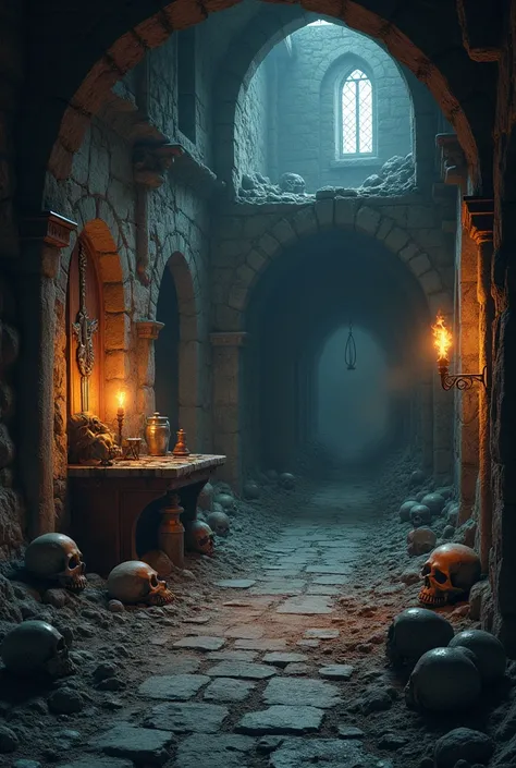 high quality, 8K Ultra HD, masterpiece art work about abondoned dark dungeon, brokens swords, skulls, skeltons, armors, torchs, scrary, mystery, soft light, atmospere of wondres