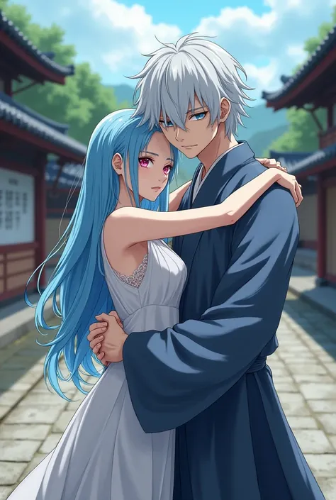 Young woman with pale skin, sharp pink eyes , long loose sky blue hair,  exuberant anime-style build , hugging a tall man with pale skin, Straight white hair, sky blue eyes, Embracing Satoru Gojo anime Jujutsu Kaisen in a Japanese temple, Satoru Gojo anime...