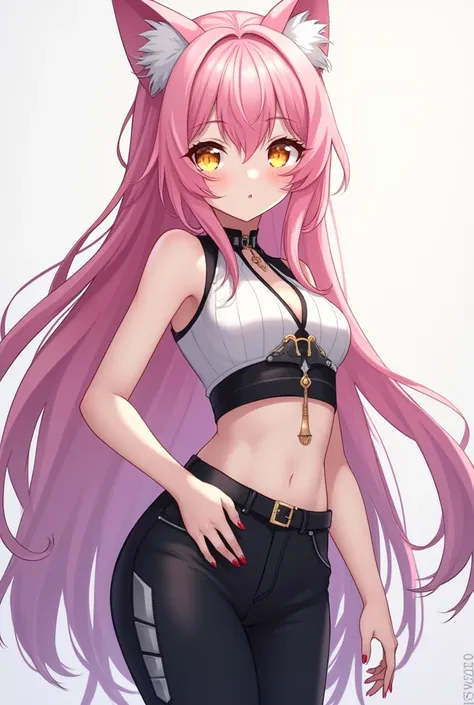 A werewolf girl anime,  fair skin , pink hair,  golden eyes,  black and white clothes , black and white pants.
