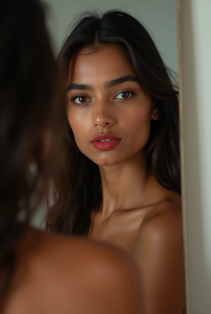 A sirilankan girl , brown and fair skin tone , long hair , sharp eyebrows , red lips ,  small sharp nose ,  fit body , taking a mirror selfie. 