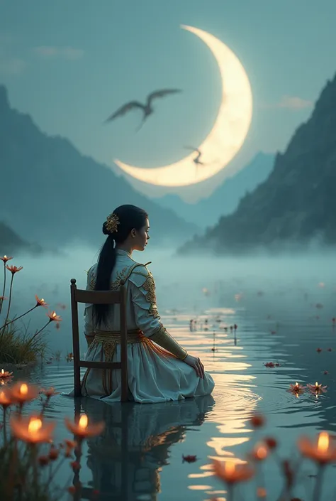 Long black-haired woman of hair in a back bundle wearing white smoky amber gold armor sits on a wooden chair in the water of a vast lake, crystal-shaped flowers surround her and float in the water around her, while painting on a wide paper, the dark sky co...