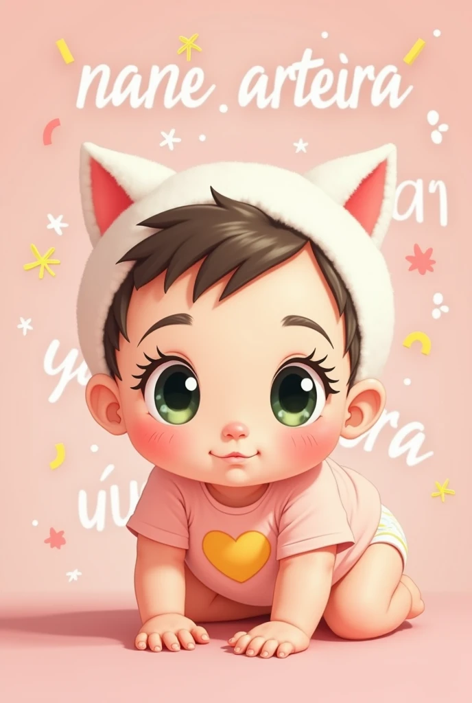  A female baby drawn in 2D anime small eyes with eyelashes and the color dark green ,  plump cheeky without hair  ,Black eyebrow  ,  white cat cap very light pink short sleeve t-shirt and a yellow heart in the print of the t-shirt crawling , On the pink an...