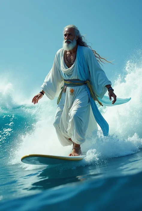 An Indian guru in a white and blue robe riding waves on a surfboard