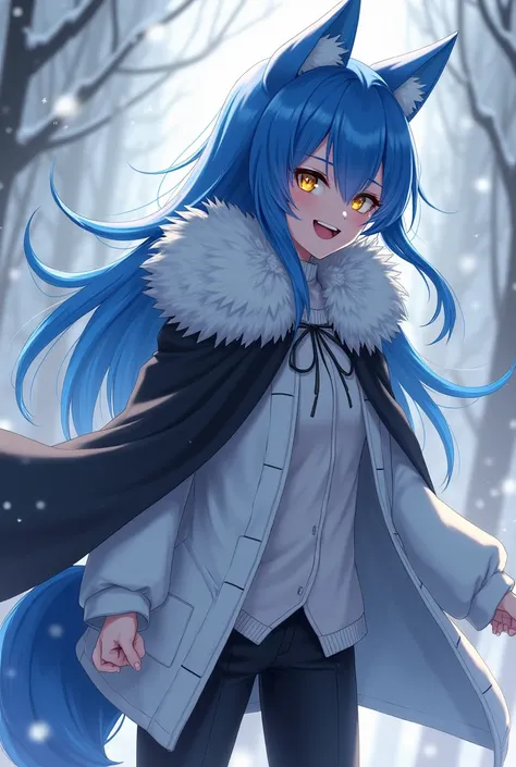 ( maximum quality,  best quality,  official art , beautiful and aesthetic :1.2) female anime, wolf girl, rebellious girl, long blue hair with bangs covering the right side of the face,  golden eyes,  blue wolf ears , voluminous blue tail ,  voluminous whit...