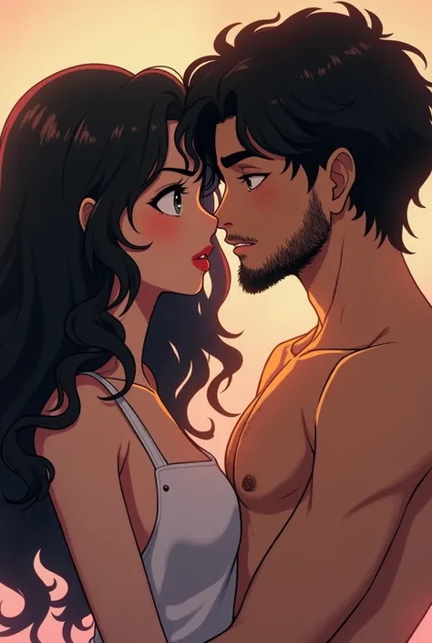 Make an anime image of a young woman with long curly black hair, having sex with a young man without a beard,  black-haired 