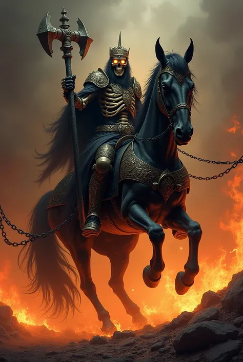 a skeleton warrior ,  king of skeletons riding a black horse surrounded by fire.  The skeleton carries a mace with spikes ,  and some chains dragging across the ground 