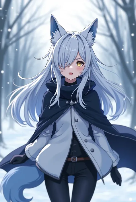 ( maximum quality,  best quality,  official art , beautiful and aesthetic :1.2) female anime, wolf girl, rebellious girl, long white hair with bangs covering the right side of the face,  golden eyes,  white wolf ears , voluminous blue tail ,  voluminous wh...