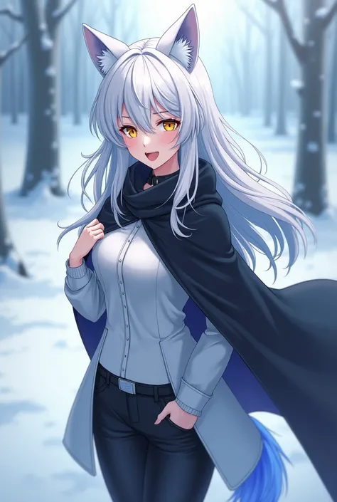 ( maximum quality,  best quality,  official art , beautiful and aesthetic :1.2) female anime, wolf girl, rebellious girl, long white hair with bangs covering the right side of the face,  golden eyes,  white wolf ears , voluminous blue tail ,  voluminous wh...