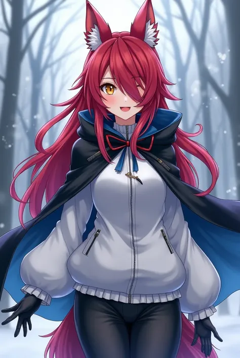 ( maximum quality,  best quality,  official art , beautiful and aesthetic :1.2) female anime, wolf girl, rebellious girl,  long red hair with bangs covering the right side of the face,  golden eyes, red wolf ears , voluminous blue tail ,  voluminous white ...