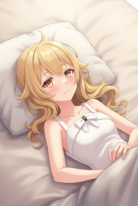 navia from genshin impact on a bed on her back looking up at the viewer. her curly blonde hair is sprawled across the pillow.