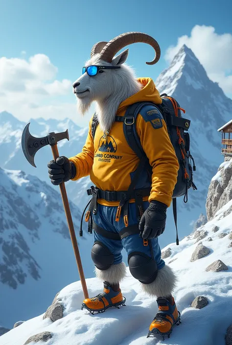 A mountain goat with big muscles wearing blue sunglasses in a yellow and black jersey with the words Climb Company holding an ice ax in his hand and crampons on his feet is looking at the mountain top where the mountain lodge is located