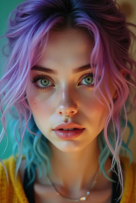 "A hyper-realistic portrait of a young woman with a bold and artistic look. Her hair is a mix of vibrant colors, including deep violet, electric blue, and pastel pink, styled in a messy yet stylish way with some strands framing her face naturally. She has ...