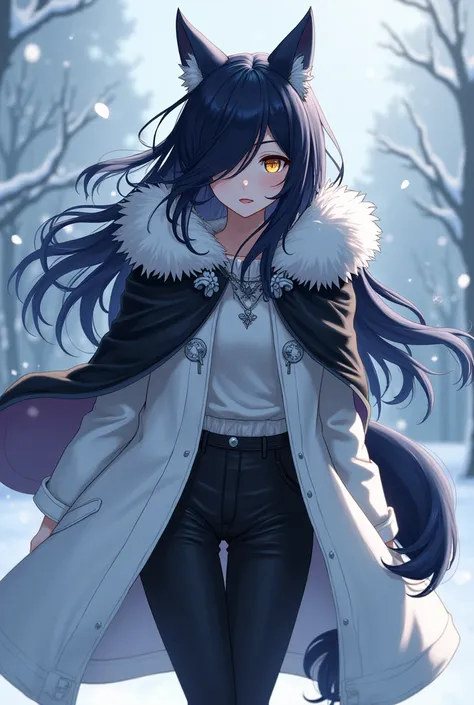 ( maximum quality,  best quality,  official art , beautiful and aesthetic :1.2) female anime, wolf girl, rebellious girl, long black hair with bangs covering the right side of the face,  golden eyes,  black wolf ears, voluminous blue tail ,  voluminous whi...