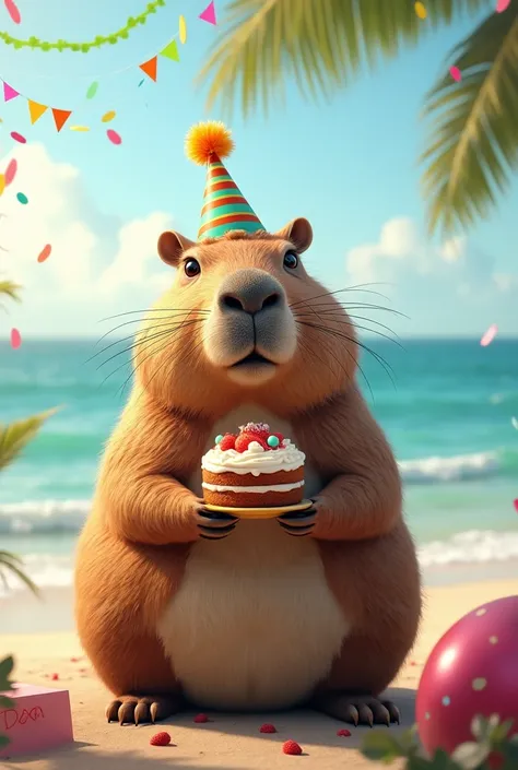 Realistic photo of a capybara wearing a birthday hat holding a cake, Streamers and festive atmosphere with the beach in the background