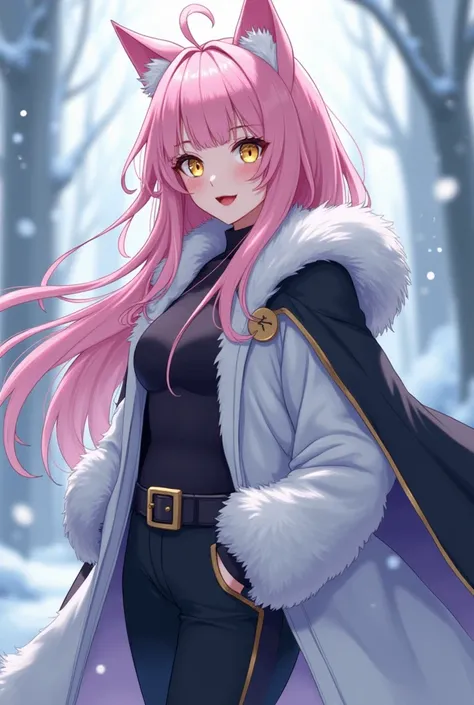 ( maximum quality,  best quality,  official art , beautiful and aesthetic :1.2) female anime, wolf girl, rebellious girl, long pink hair with bangs covering the right side of the face,  golden eyes, pink wolf ears, voluminous blue tail ,  voluminous white ...