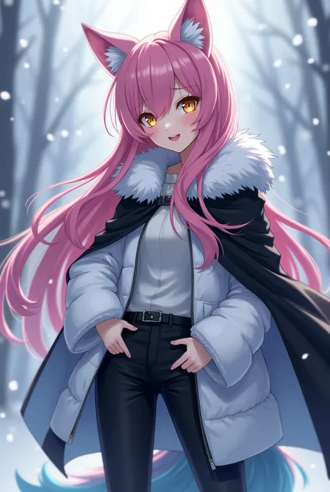 ( maximum quality,  best quality,  official art , beautiful and aesthetic :1.2) female anime, wolf girl, rebellious girl, long pink hair with bangs covering the right side of the face,  golden eyes, pink wolf ears, voluminous blue tail ,  voluminous white ...