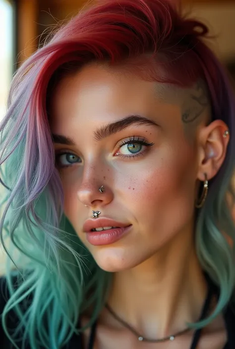 "A hyper-realistic portrait of a young woman with striking, multi-colored hair blending fiery red, deep teal, and soft lavender. Her hair is styled in an asymmetrical undercut on one side, while the other cascades in loose, tousled waves, giving her a bold...