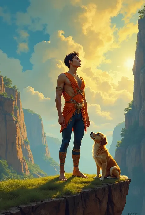 
Painting in the (((style of Maxfield Parrish))). A young man in tunic and tights and a small dog stand at the top of a cliff, looking up into the sky. Focus on the young man.