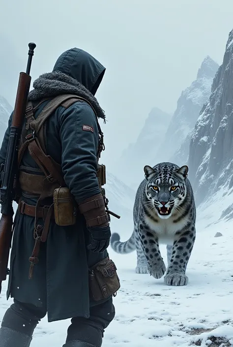 Hooded soldier with rifle on his back raiding black snow leopard in winter 