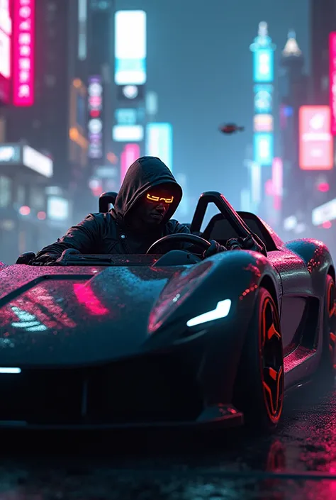 A cyberpunk-style rapper in a black cyberpunk-style car