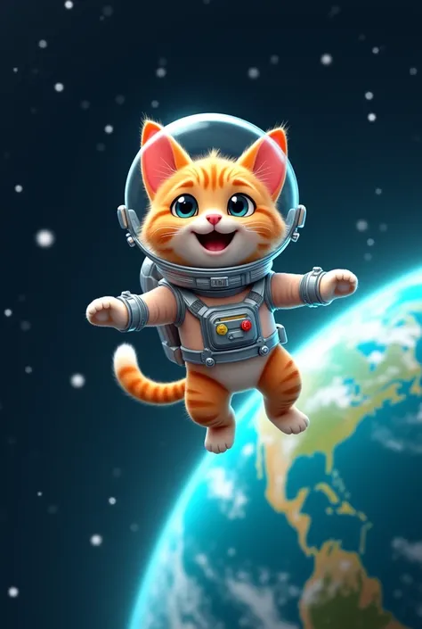 
"A futuristic cartoon cat in a shiny astronaut suit, floating in space with Earth and twinkling stars in the background. The scene is vibrant and imaginative."