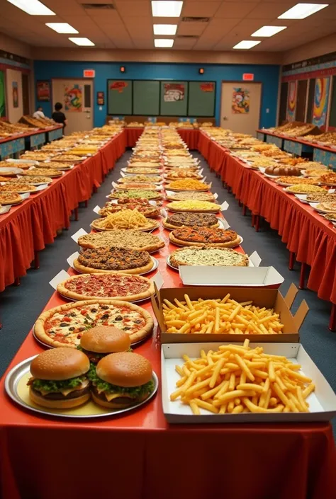 A spacious room filled with multiple tables, each covered with an abundant spread of fast food. The tables are stacked with hamburgers, pizzas, hot dogs, and piles of French fries. The food is neatly arranged on large platters, trays, and in open boxes, fi...