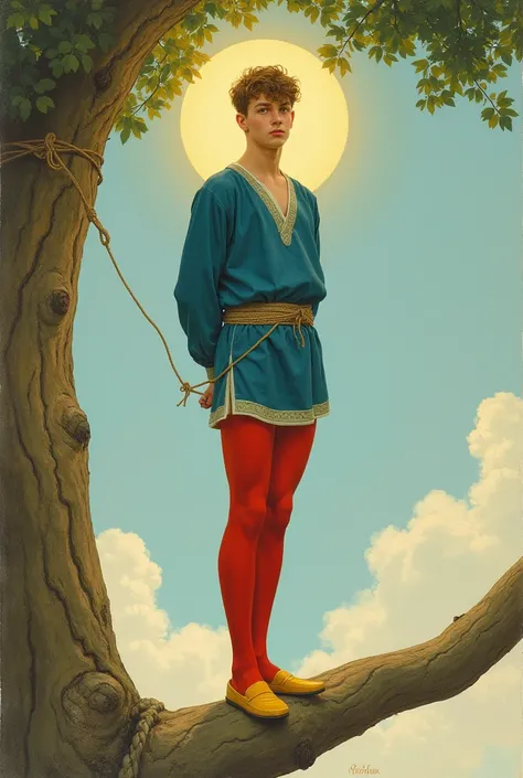 Painting in the (((style of Maxfield Parrish))). A young man of twenty years in a blue tunic, red tights, and yellow slippers stands one-legged with his right on a very long, straight, perfectly horizontal tree branch that stretches from one side of the pi...