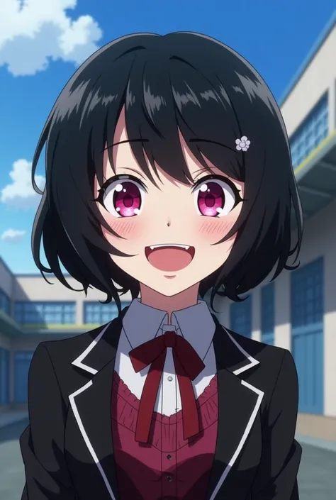 Screenshot of My Hero Academia.
Girl with short black hair with bangs and pink eyes one has a cheerful expression and has a gothic style 