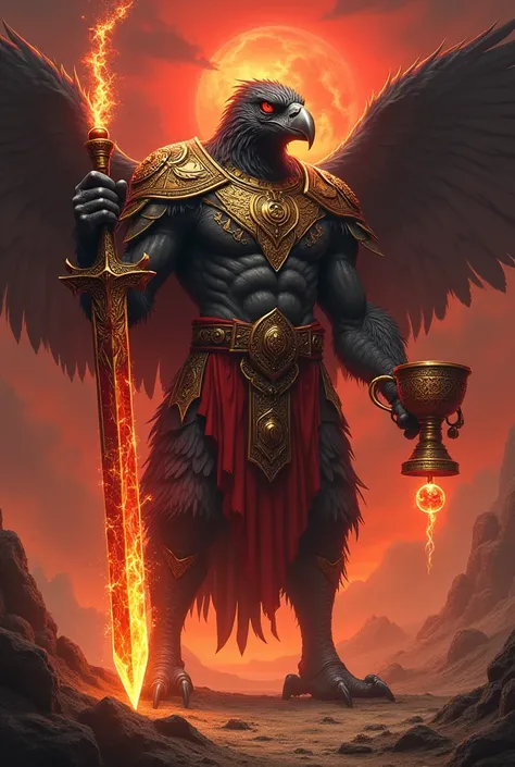 A Vulture warrior with a fiery sword, a ball in the foot and a golden cup in the hand 