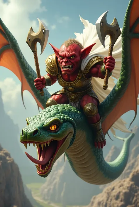  A red warrior goblin in gold armor, with two axes and with a white cape ,  riding a flying snake  