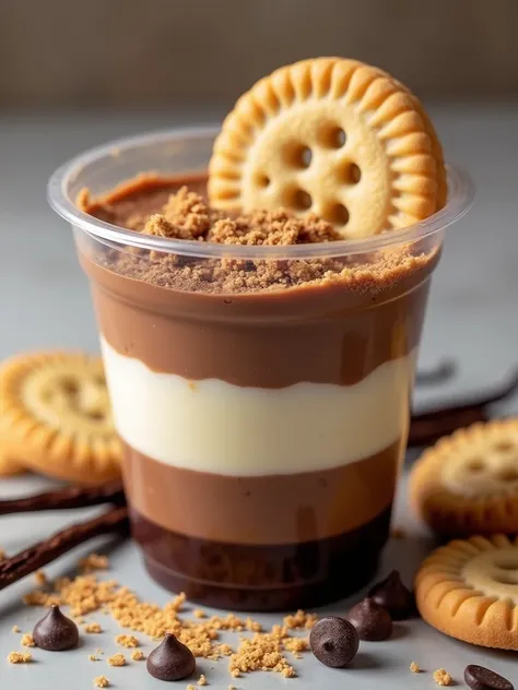 Create me an image of chocolate and vanilla marquises, with crushed cookies in each layer of homemade vanilla and chocolate;  in disposable transparent plastic cups with round vanilla cookies around them and a chocolate chip with a dark bottom and vanilla ...