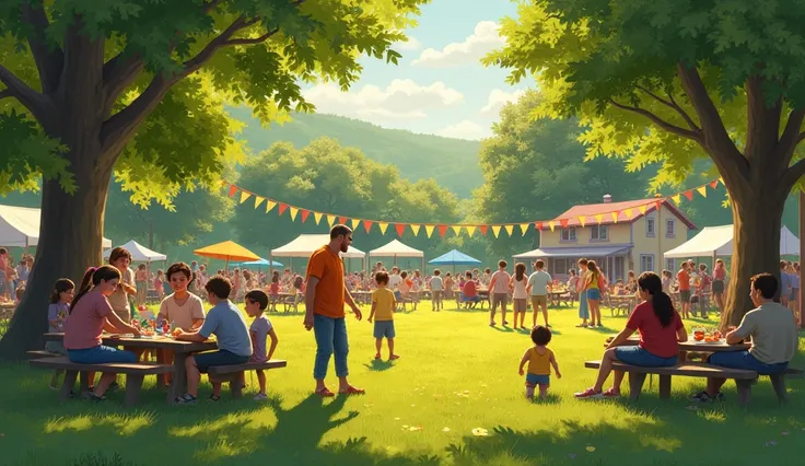 A small-town gathering in a lush green park. People are chatting, laughing, and sharing food. ren are playing, and families are enjoying the simple pleasures of a community picnic. Colorful banners decorate the area, and the warmth of the sun creates a che...