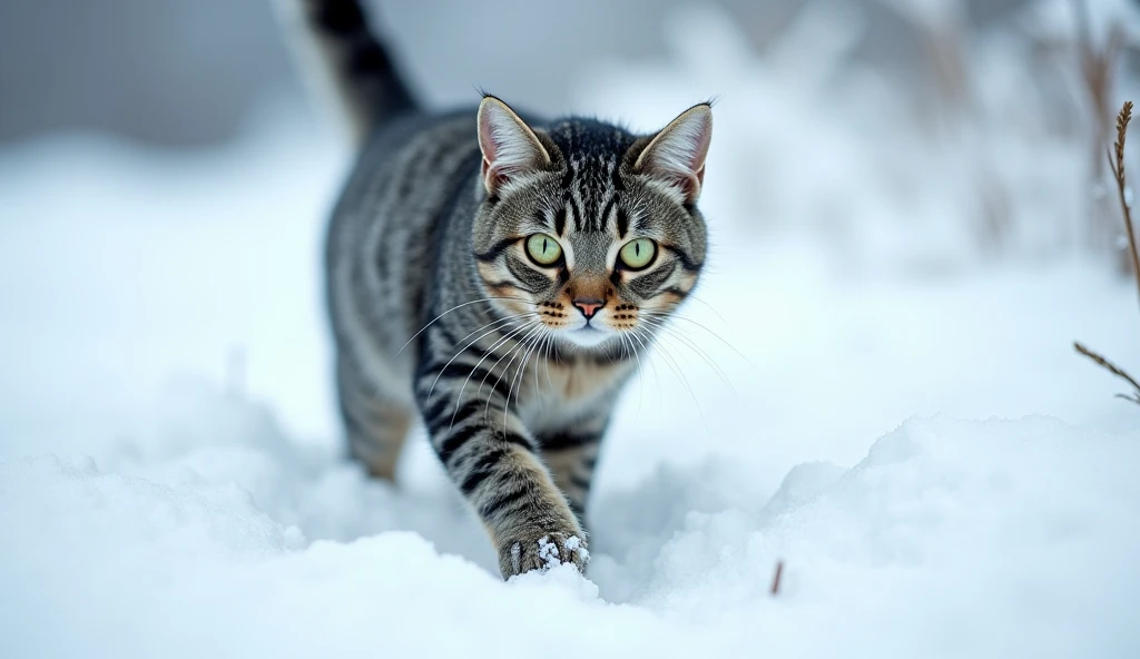 The British Shorthair tabby cat trudges through a snow-covered landscape, its short gray fur with black stripes dusted with frost. Its green eyes are wide and alert, reflecting fear as the icy wind whips against its frail body. Its paws sink into the freez...