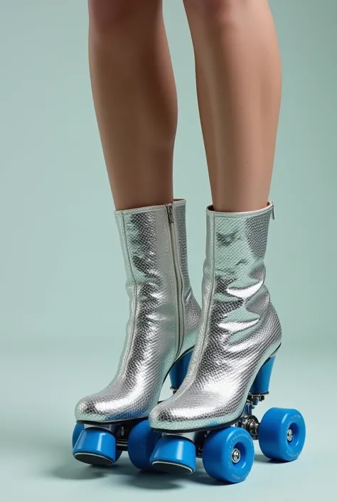 Close up of a woman’s feet wearing silver diamond plate high heel dress boot roller skates with blue wheels 