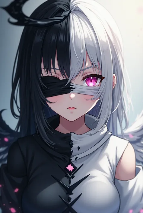 Anime-style girl one side is black the other is white as snow, an angel's wing on the black side and a devil's bandage with a white blindfold and her mouth is sealed