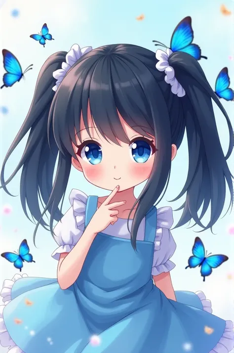  anime girl with black hair, twin tails, blue eyes, blue butterflies々Chibi 