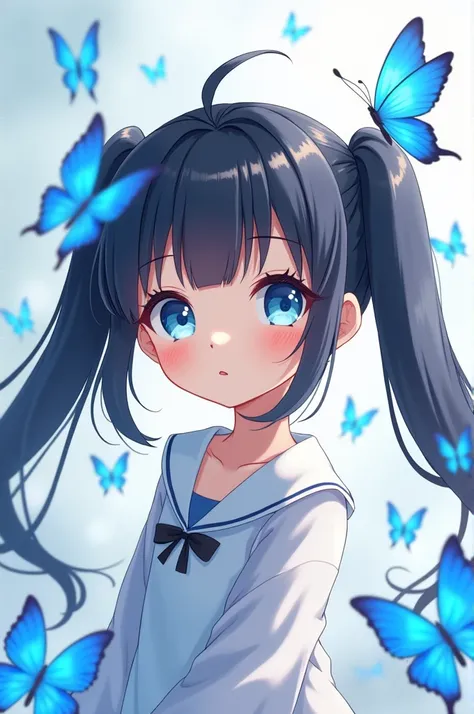  anime girl with black hair, twin tails, blue eyes, blue butterflies々Chibi 