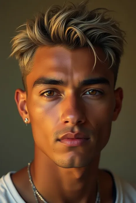 "A hyper-realistic portrait of a young man with a medium brown complexion and a smooth, sculpted face. His high cheekbones and chiseled jawline give him a strong, yet approachable look. His intense amber eyes are deep and expressive, framed by thick, natur...